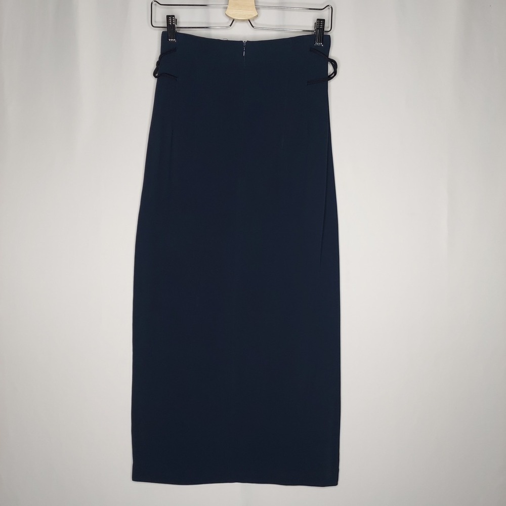 Ben De Lisi UK Vtg Maxi Pencil Skirt XS Navy‎ Stretch Front-Slit Zipper Designer